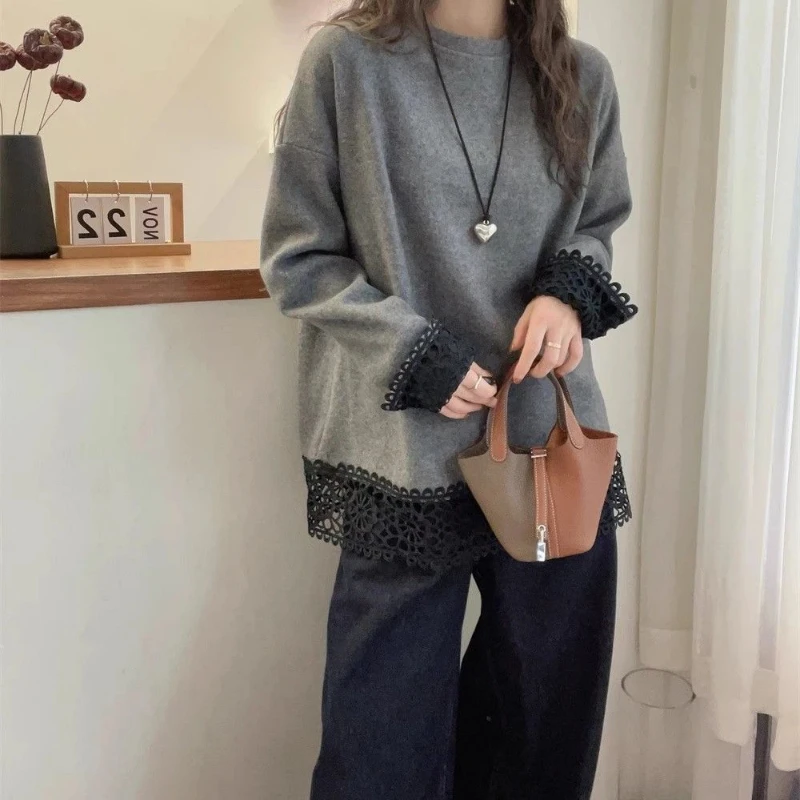 

Loose Lazy Style Lace Patchwork T Shirts Women Clothing New Long Sleeve O-neck Street Casual Tops Fashion Harajuku Spring Autumn