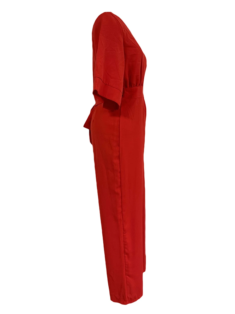 

Women Jumpsuit Elegant Half Sleeve V-neck Waist Tie Solid Loose Pants Party Clubwear