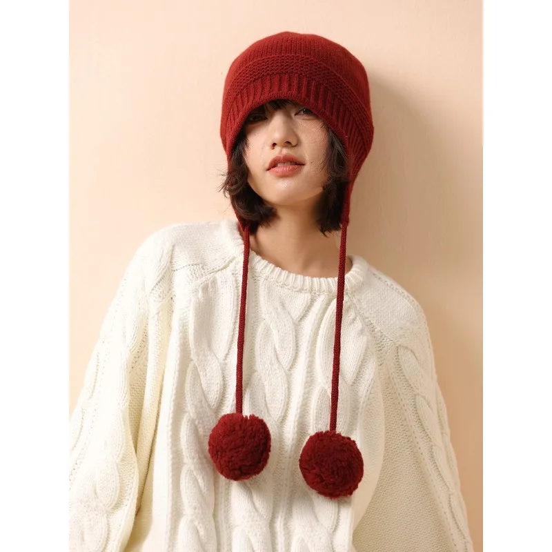 

High Quality 100% Wool Knitted Beanies for Women Winter Casual Versatile Warm Ear Protection Cute Pom-pom Strap Pullover Hat