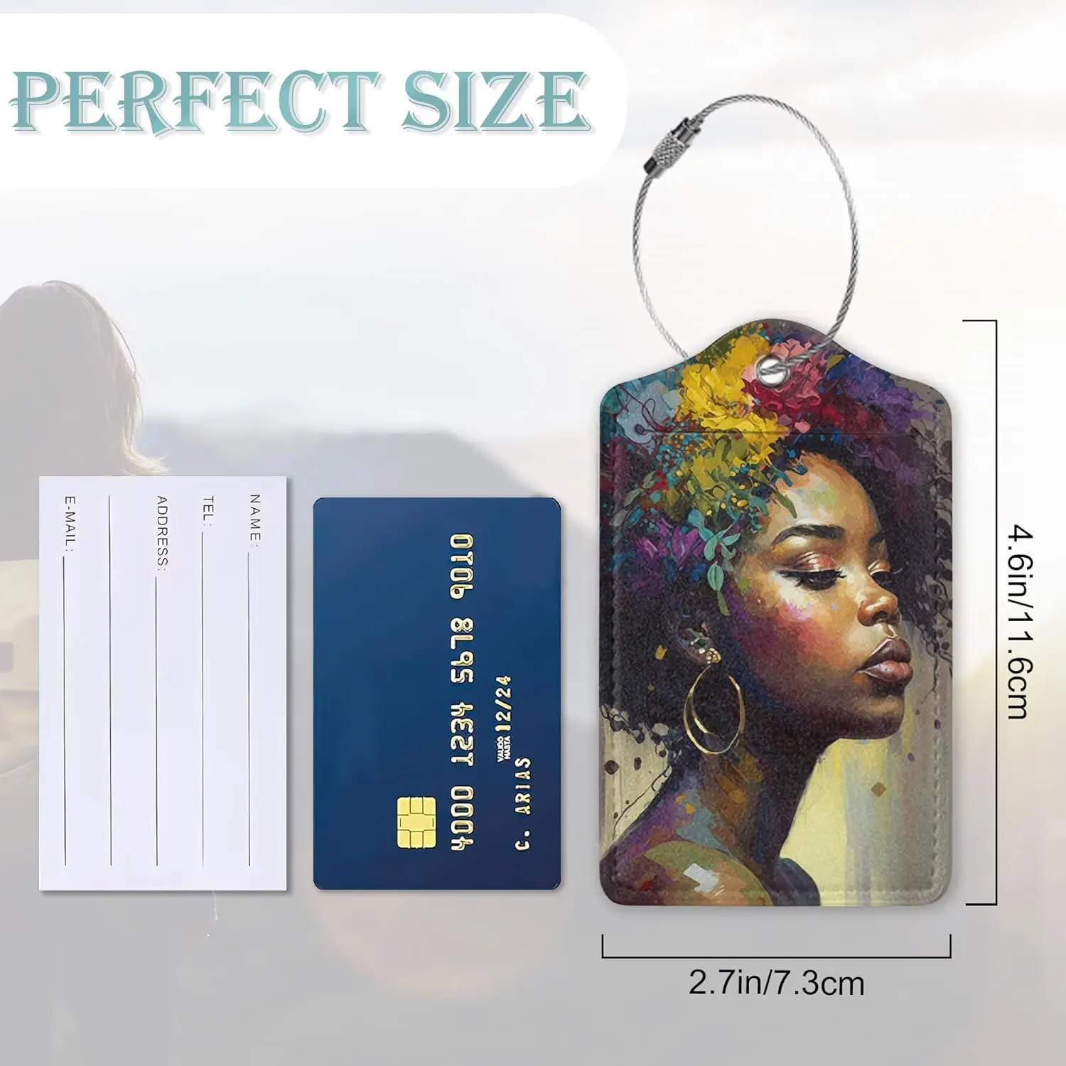 Etiquetas de equipaje para maleta Paquete de 2 etiquetas de equipaje de flores de niña africana Etiqueta de identificación de cubierta de privacidad de cuero PU con bucle de acero inoxidable