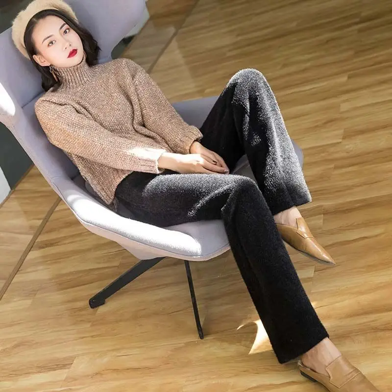 

Thickened Warm Imitation Mink Velvet Wide-leg Pants for Women's Spring Autumn High Waist Drape Casual Straight Mopping Trousers