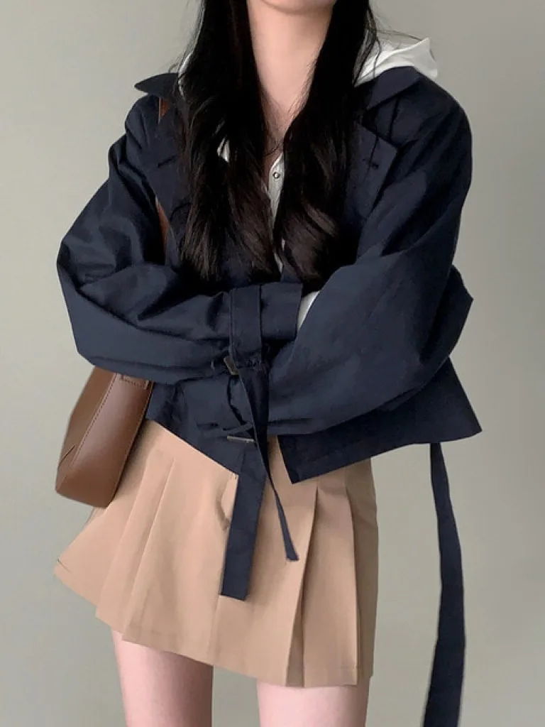 

Chic Casual Women's ort Length Long Sve Windbreaker Jaet Double Breasted Cotton Coat Ele Versatile Loose Fit Top