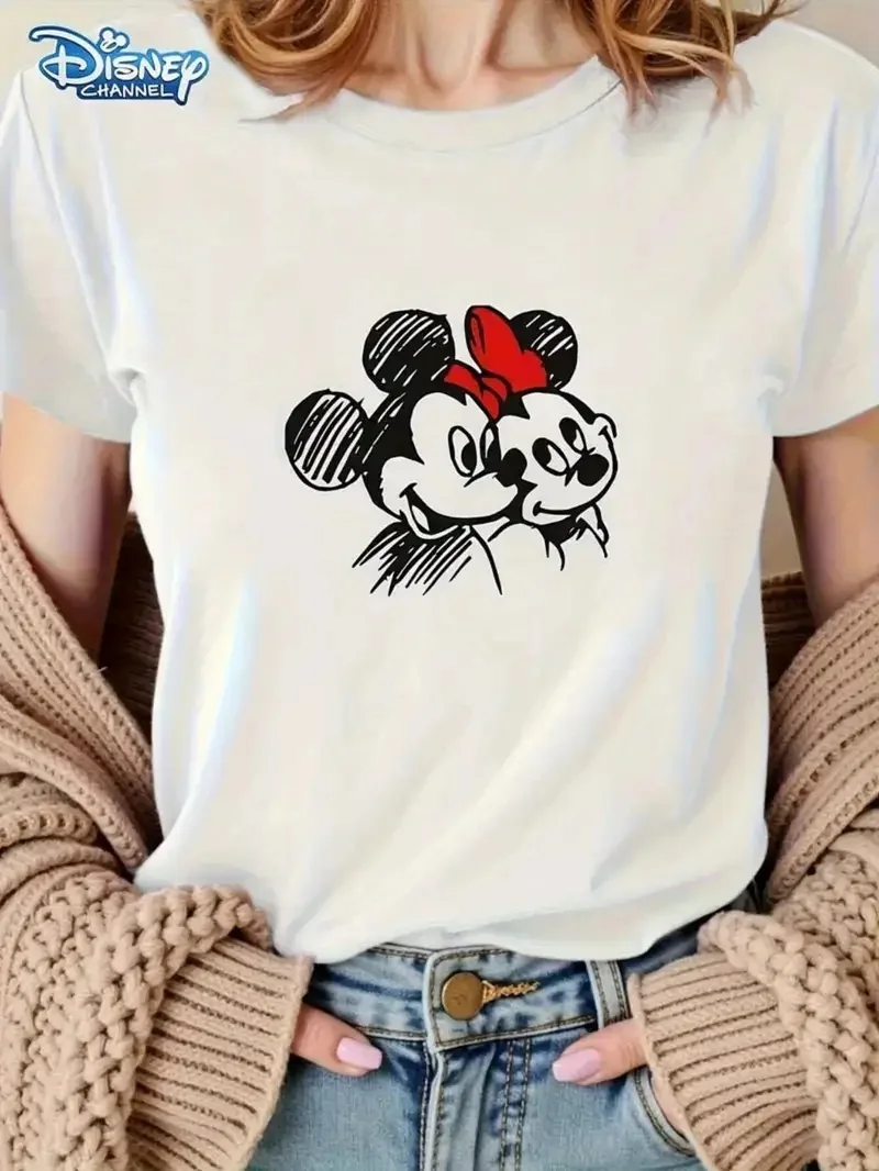 

2025 Disney Pattern Printed Women's Casual Comfortable Unique Smiling Face Black Round Neck Short Sleeve T-shirt