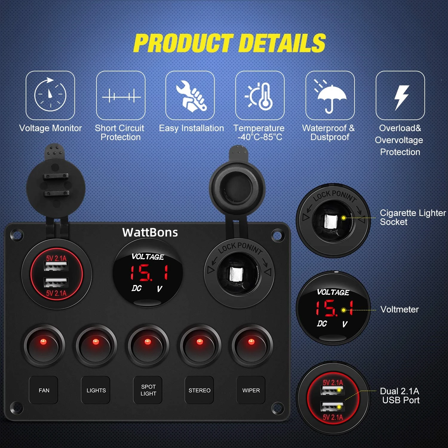 Interruttore del pannello di controllo dell'auto 5 Gang 12V 24V DC Voltmetro digitale Caricatore per auto USB Presa accendisigari Interruttore a bilanciere a LED