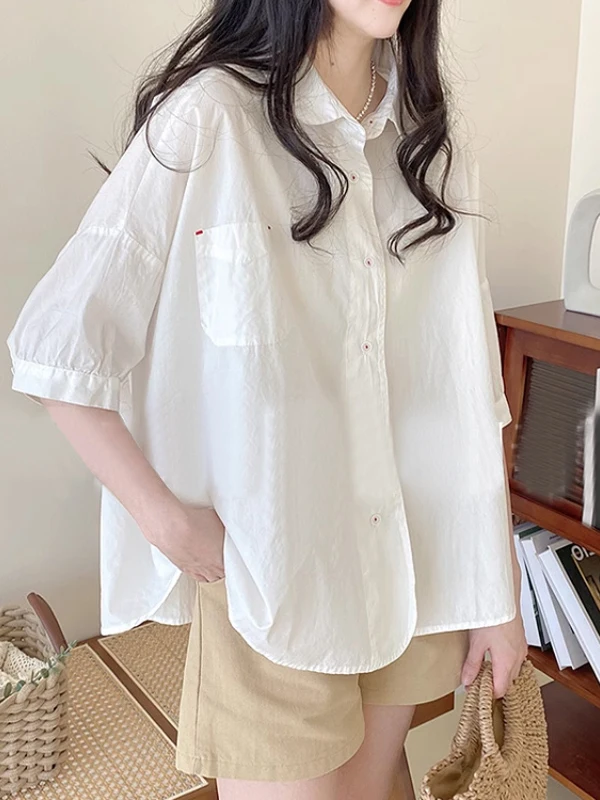 

plus Size Women's irt Korean Sle Commute Loose A-Line Cloak Pure Color Midi Sve Doll Collar Top Fem Upper Body