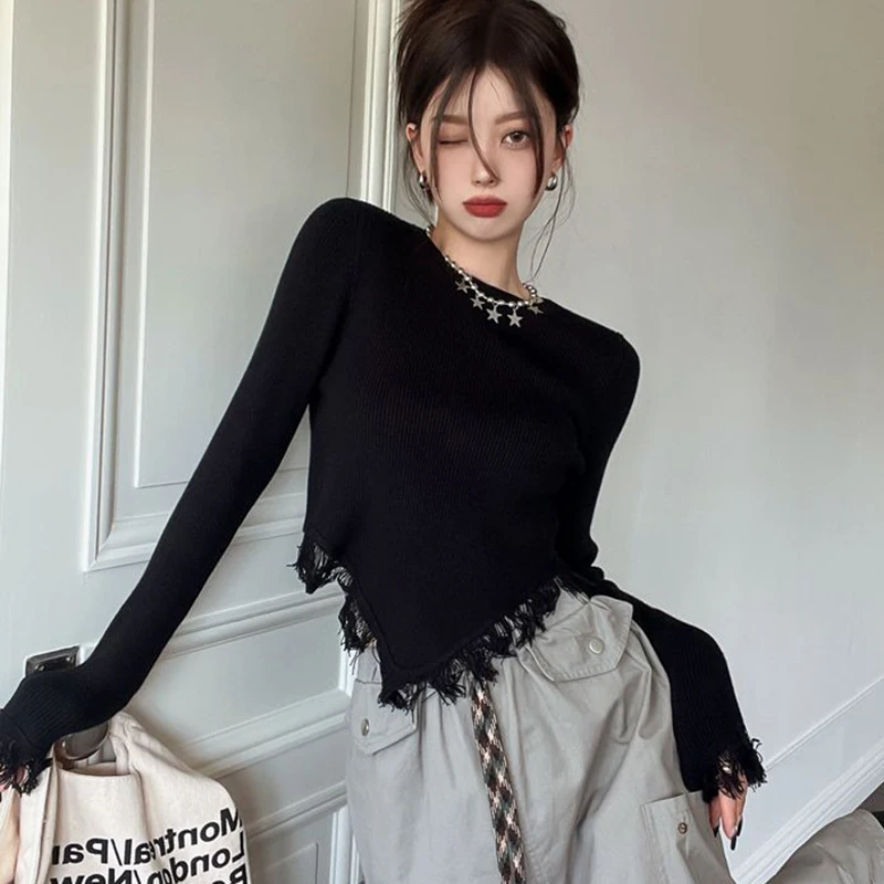 Korean Irregular T Shirt Women Tassel Y2K Vintage Long Sleeve Knit Crop Top Spring Autumn Streetwear T Shirt Pullover Female