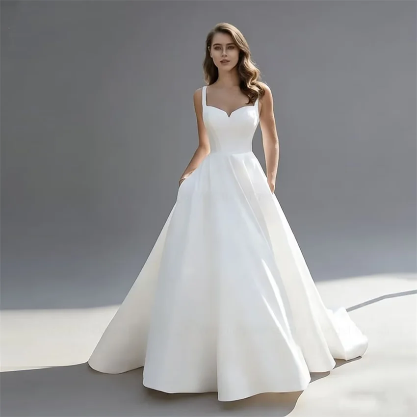 Customized Elegant V-Neck Wedding Dress Long Satin Bridal Gown A-line Backless Buttons Spaghetti Straps Bride Dress with Pockets