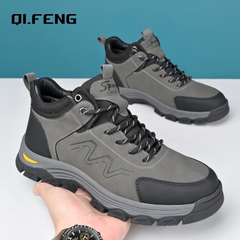 

Men Outdoor Travel Hiking Mountaineering Shoes Large Genuine Leather High Top Casual Shoes Anti Slip Wear-Resistant Sneaker