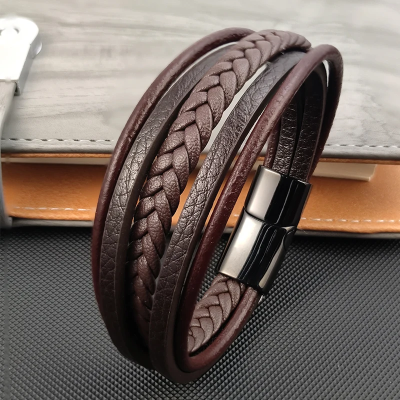 2022 Charm MingAo Punk Men's Stitch Leather Homme BraceletsStainless Steel Bracelet Jewelry Items Dropshipping