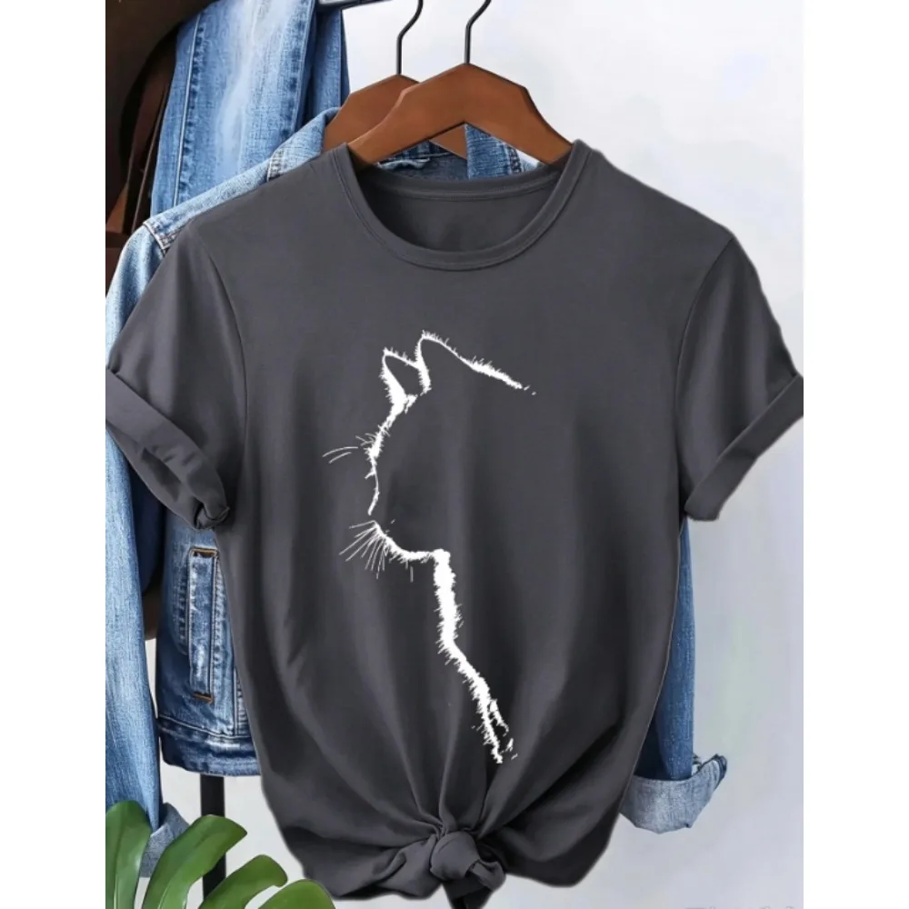 Minimal Frayed Cat Silhouette Graphic Tee, Simple Hand Drawn Cat Profile Art Print, Casual Unisex Cotton Short Sleeve T-shirt