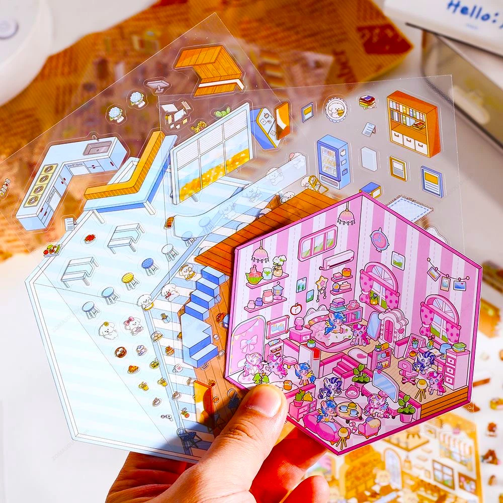 بالجملة! 3D PET ملصق المناظر الطبيعية لطيف الكرتون جيب المشهد DIY المقصورة ملصقات التراص حساب اليد هدية للطفل الطفل