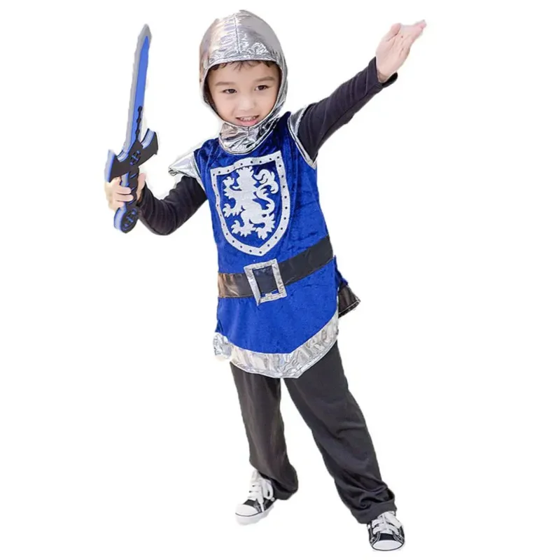 Kid Boys Medieval Knight Warrior Sword Costume Infant Lancelot Cosplay Crusader Hooded Outfit Armor Vest Coat Pants For Children