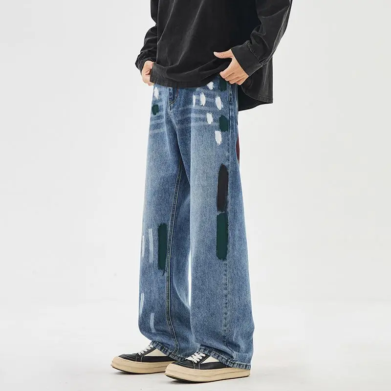 Autumn High Quality Men's Fashion Baggy Graffiti Jeans Basic Vintage Solid Pants New Straight Leg Outside Denim Trouser Male