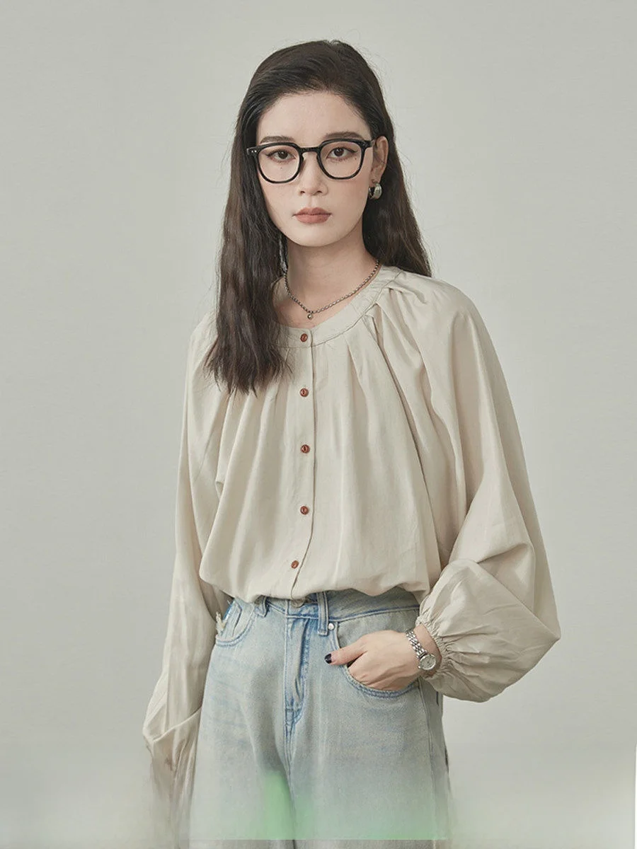 

Ele round Ne irt Women's Spring 2026 New Sle Versatile Long Sve Folded Design Commute Sle Loose Fit Button up