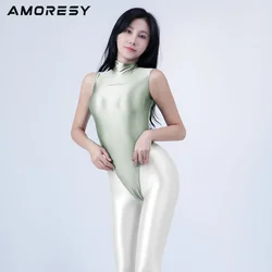 AMORESY-Sleeveless High Neck Bodysuit, Shiny Glossy, Extra High Leg Thong, Back Zipper, One Piece Swimwear