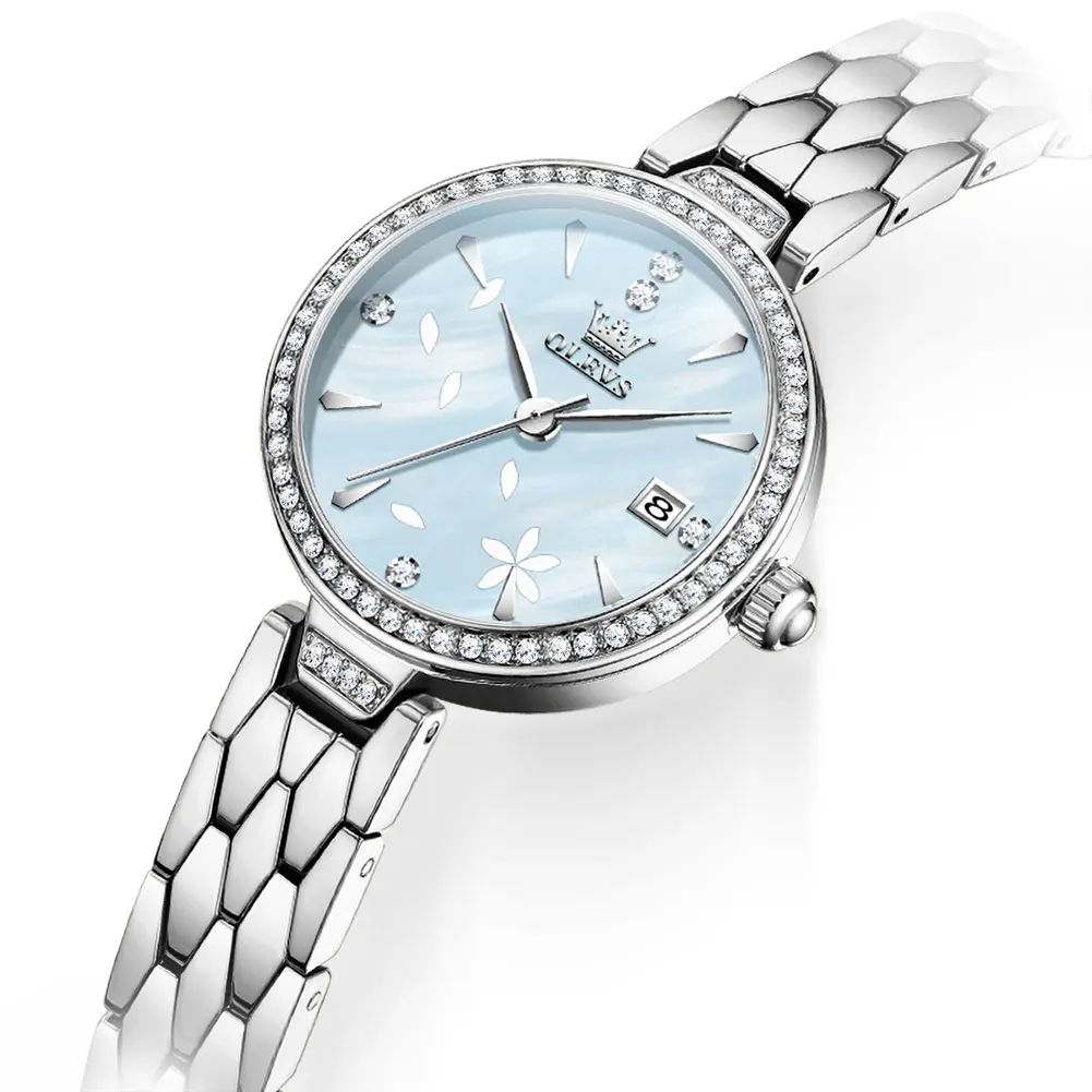 OLEVS Elegant Ladies Watch Diamond Inlaid Bezel Blue Mother Of Pearl Dial Date Steel Strap Quartz Wrist Watch for Women