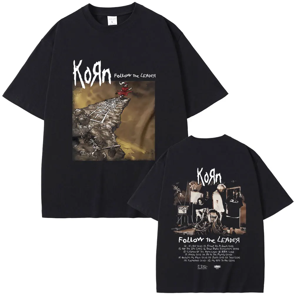 Rock Band Korn Follow The Leader Graphic Tshirt Rare Nu Metal Music Tees Men Women Gothic Vintage T-shirts Male Oversized Tshirt