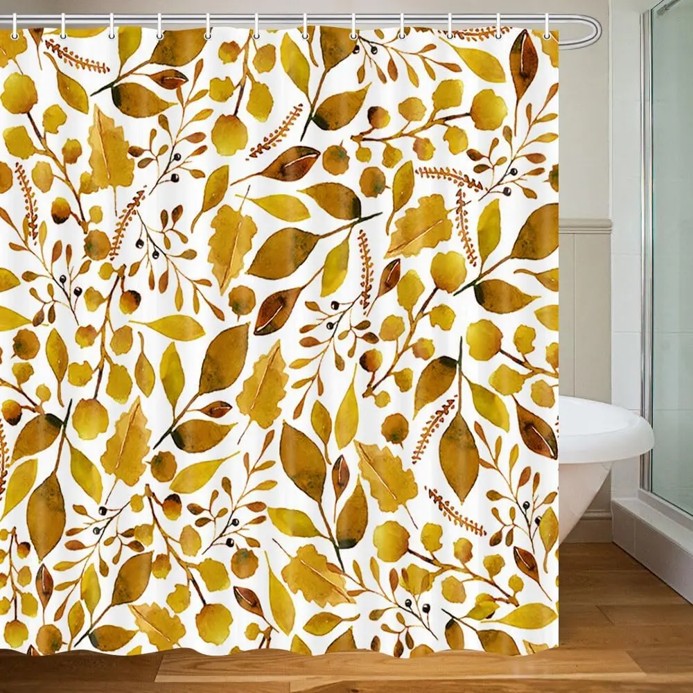 

Осенние желтая занавеска для душа, акварельные листья растений с декором для ванной комнаты, комплект водонепроницаемых тканевых занавесок для душа с