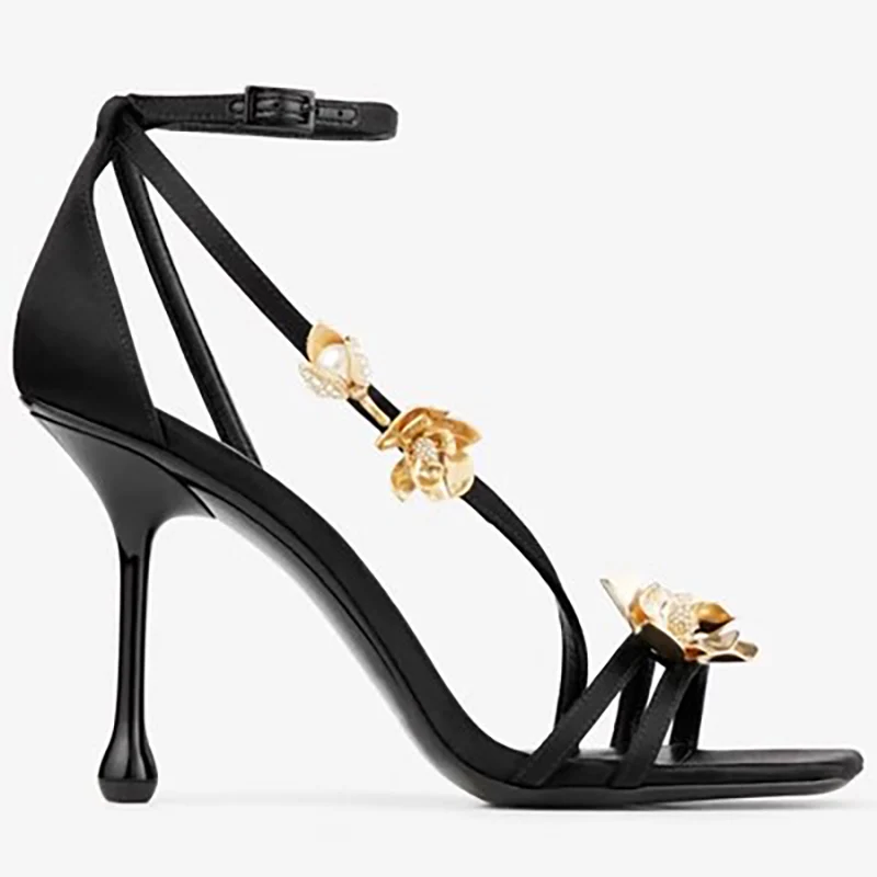 New Gold Orchid Square Toe High Heels Women Ankle Strap Sandals Women Party Dress Shoes Women Sexy sandalias de las mujeres