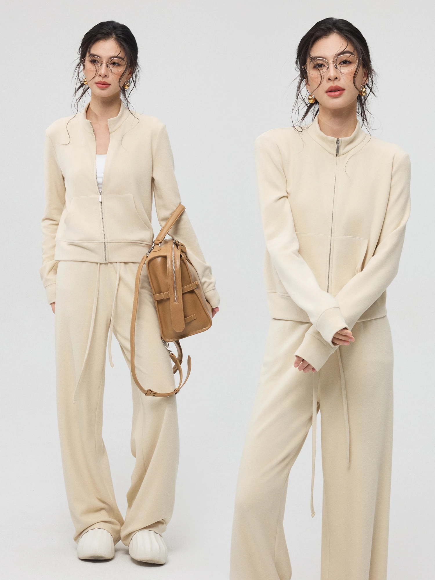 

Комплект ZzZHANG: Удобный повседневный костюм из мягкого вельвета на весну – брюки с высокой талией и укороченная куртка на молнии, стандартный крой