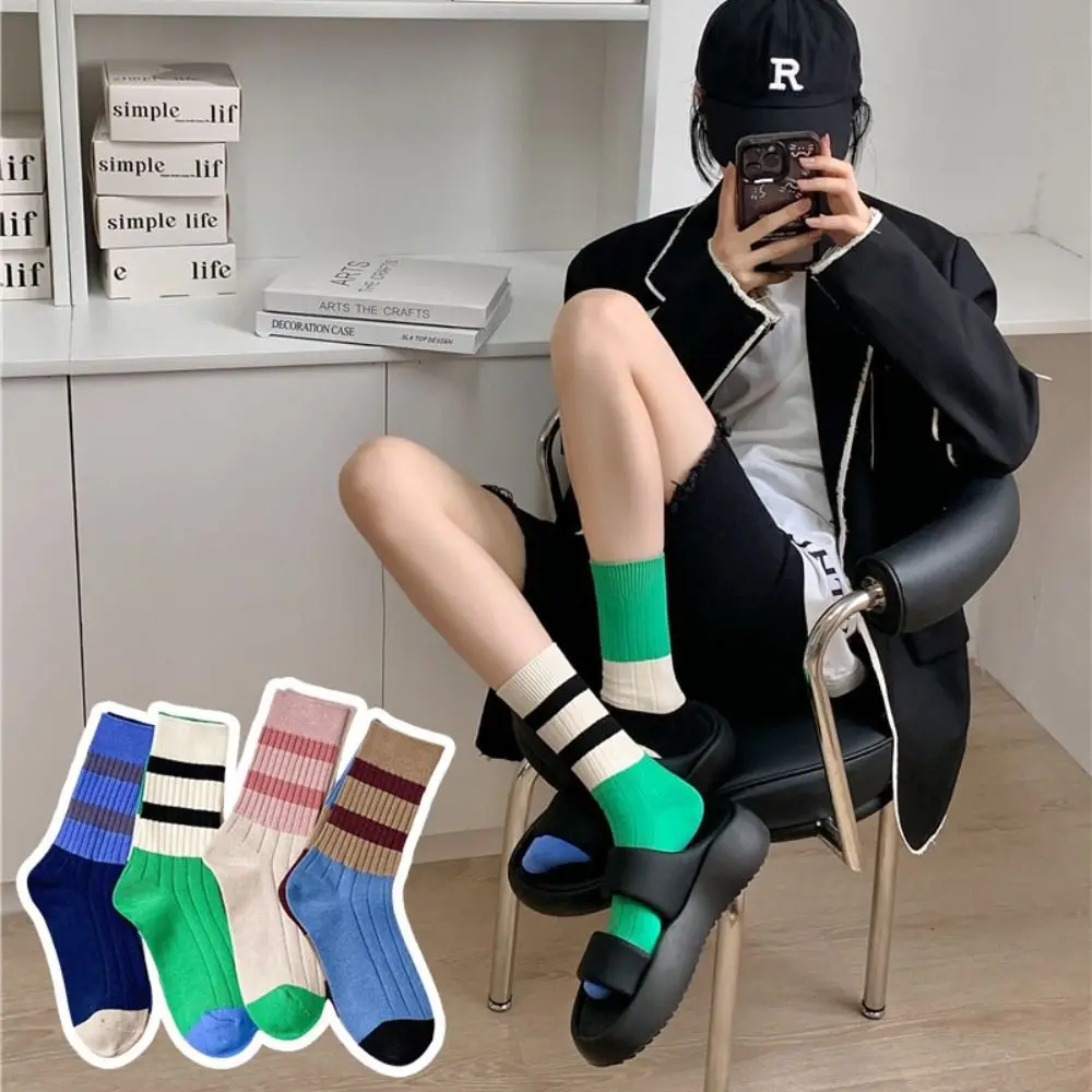A Pair Fashion Warm Cotton Socks Stripes Asymmetrical Mid Tube Socks Soft Moisture Wicking Long Socks for Women