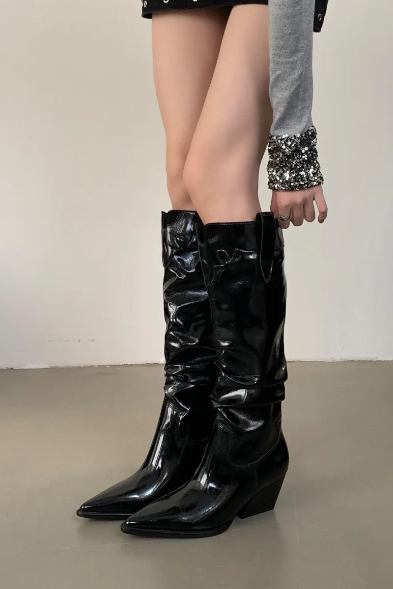 Fashion Patent Leather Knee-High Boots Square Heel Women Boots 2025 New Winter Boots High Ladies Shoes