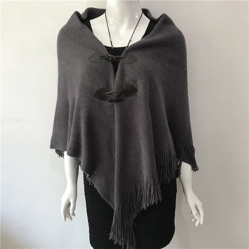 

Spring Autumn New Style Shawl Cape Tassel Ox Horn Buckle Solid Color Irregular Double-Layer Tassel Cloak Shawl Sunscreen Gray