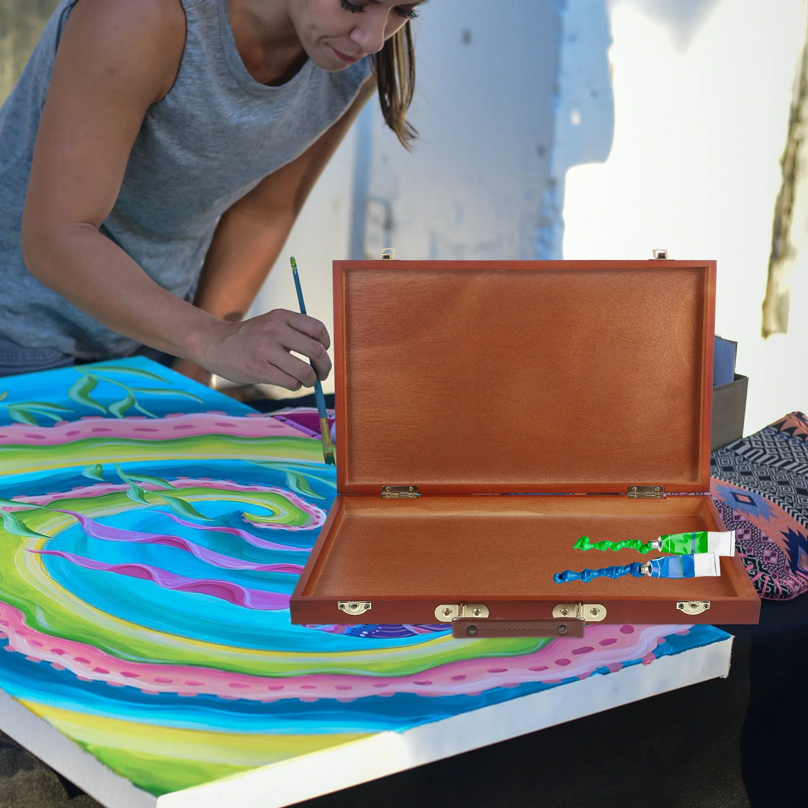 

Drawing Box Wood Painting Case with Compartments Portable Art Supplies Storage for Students Hand-held Design Tool Organizer