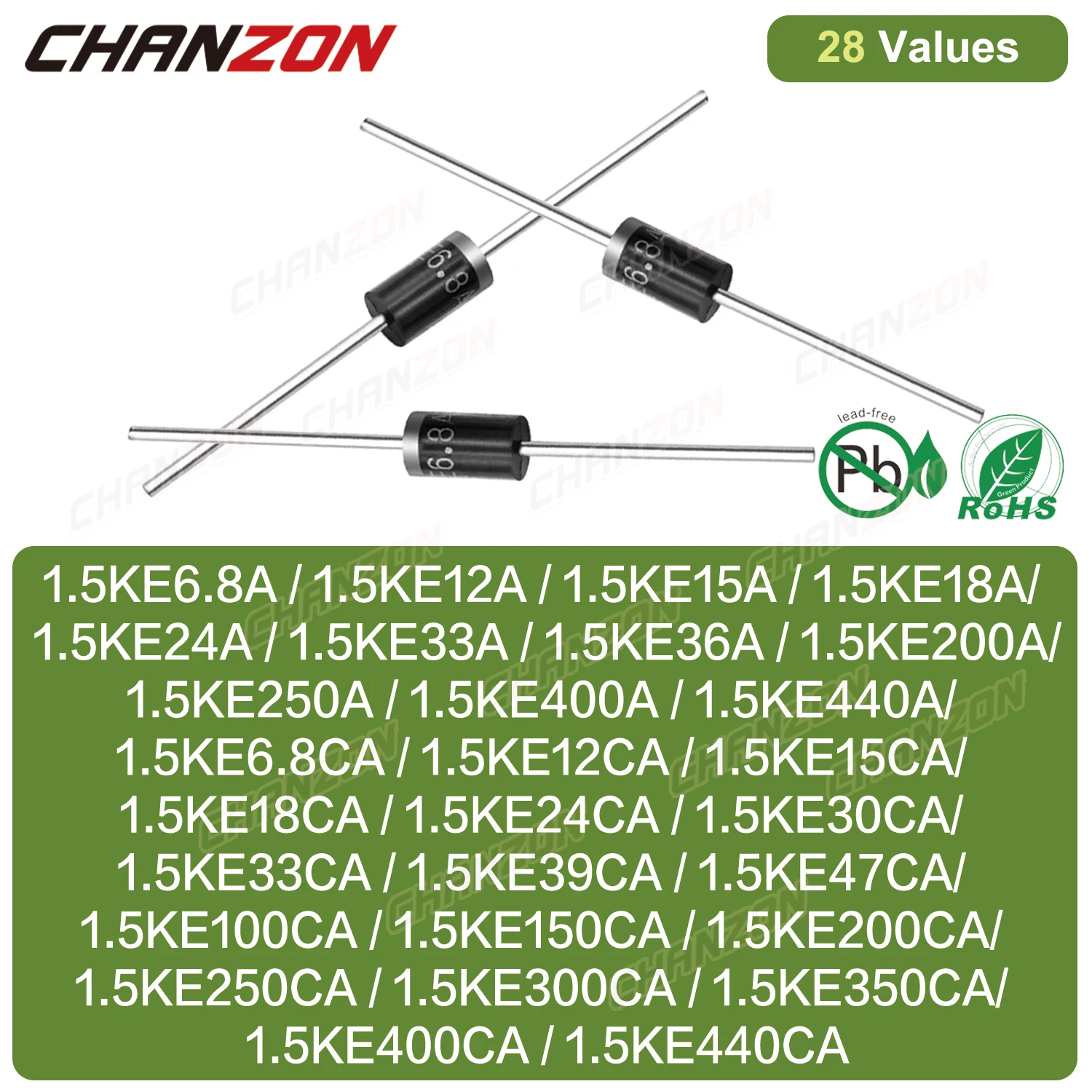 28 Values TVS Diode DO-201AD 1.5KE400CA 1.5KE200A 1.5KE440CA 1.5KE400A 1.5KE18A 1.5KE12A 1.5KE440A 1.5KE12CA 1.5KE15CA 1.5KE15A