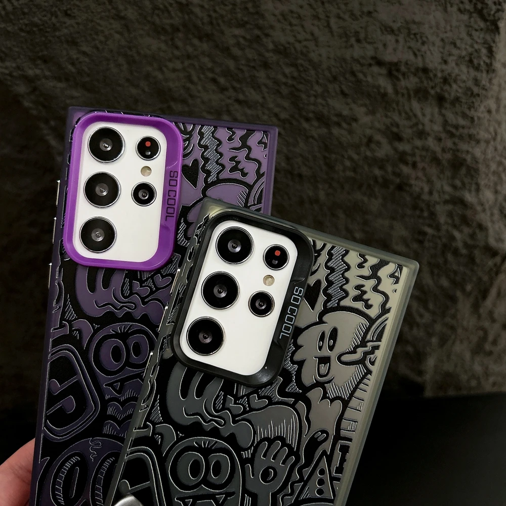 Black Graffiti TPU Case For Samsung Galaxy S25 S24 S23 Plus S22 Plus FE A56 A25 A05 A52 A16 Cartoon Ghost Face Shockpoof Cover