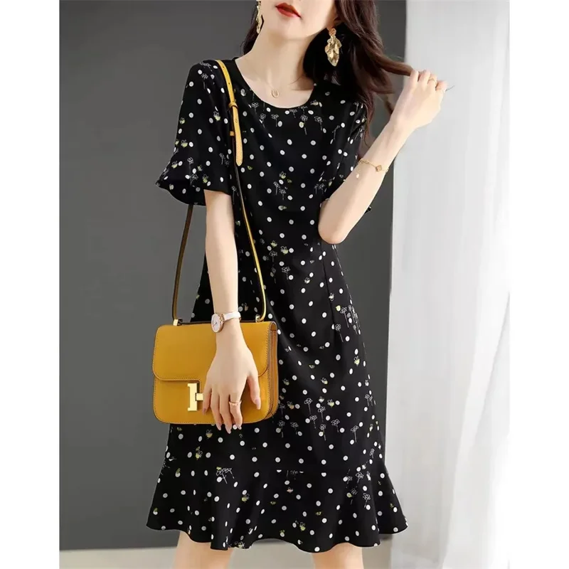 Foreign Trade Export High-End 2022 Women's Dresses New European Goods Big-Name Female Fashion All-Match Printing Fishtail Dress