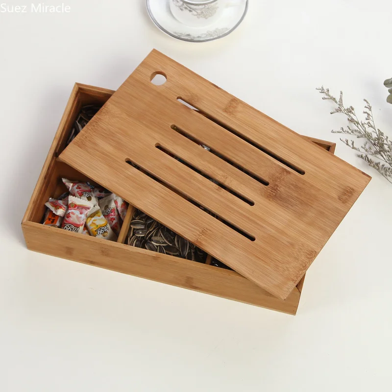 Multifunctional Bamboo Nut Box - Customized Fruit Plate and Snack Tray for Living Room, Split Ribbon Cover, Stylish and Function