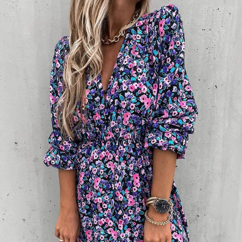 Woman Sexy Printed V-neck Button Slit Long Dress Ladies Holiday Casual Comfortable Long Dress Street Spice  Woman‘s Suit