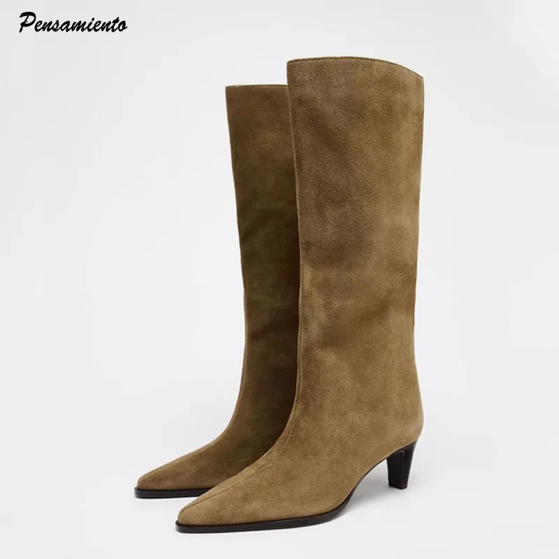 

Ins Style Fashion Faux Suede Tube Women Knee-high Boots Autumn Winter Elegant Pointed toe High heels Chelsea Modern Boots Shoes