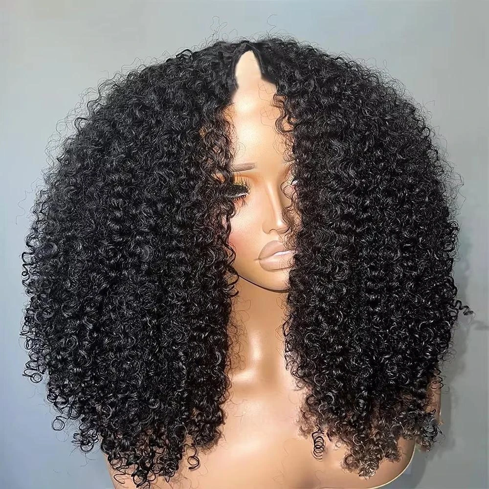 200 Density Afro Kinky Curly V Part Wigs Human Hair No Leave Out Kinky Curly V Part Wig For Black Women No Glue Clip In Half Wig