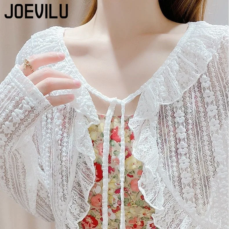 JOEVILU Y2K Korean Fashion Women's Lace Up Floral Cardigan Summer Sun Protection Cover Up Blouse White Chic Shirts Ladies Tops