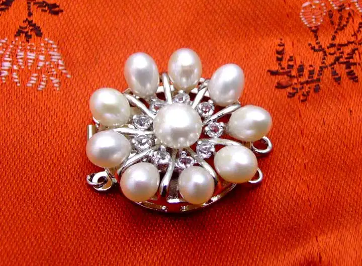 Qingmos 30mm Natural White Pearl Clasp Accessories for Jewelry with 7-8mm Pearl and Rhinestone Three Strands Flower Clasp