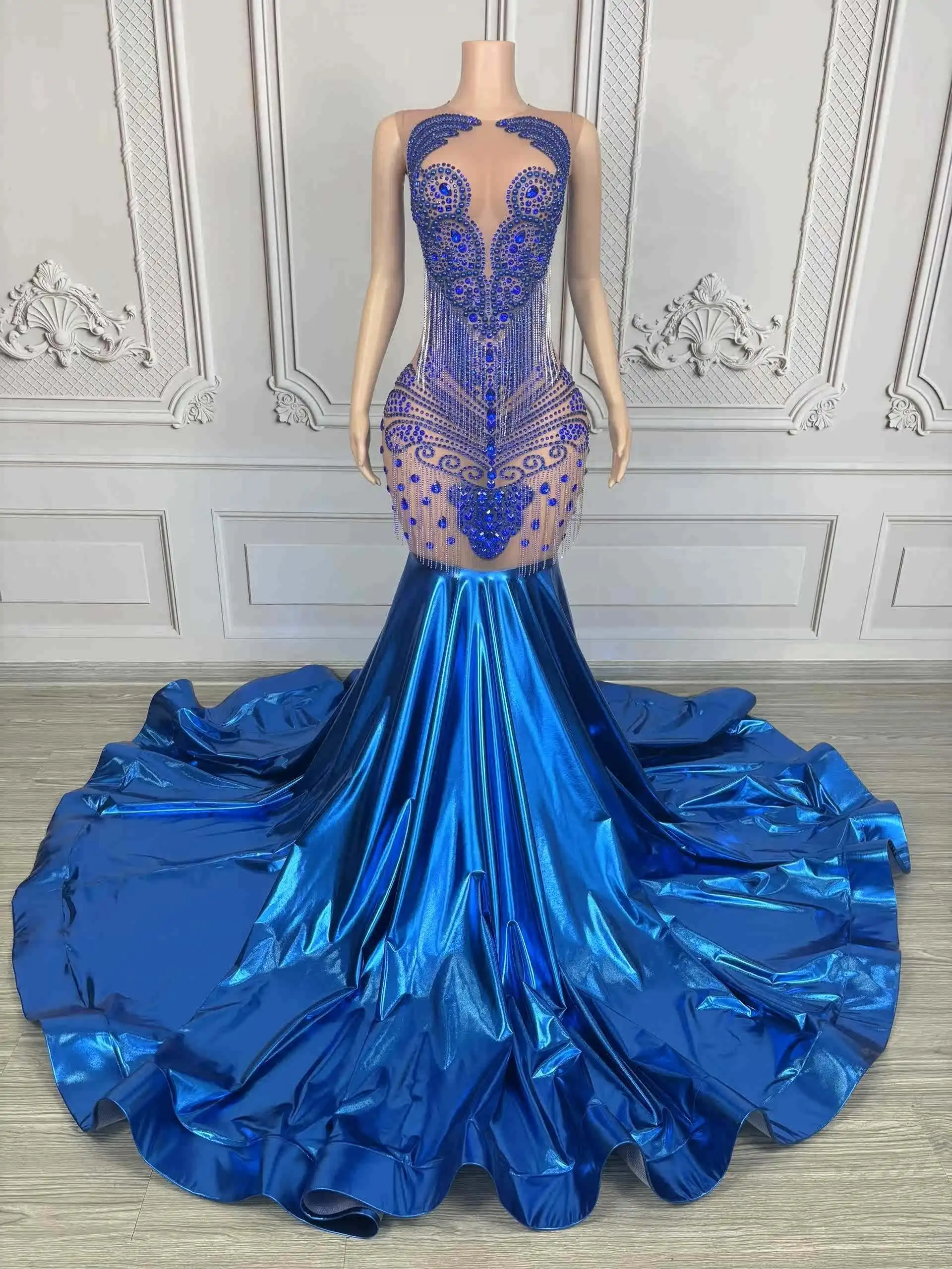 Vestidos de Noche brillantes con diamantes de imitación para mujer, traje de pasarela para celebrar, vestidos de fiesta, disfraz de actuación de Jazz en escenario XS10078