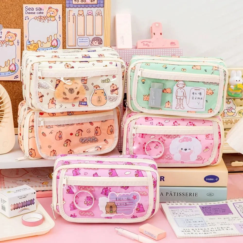 Canvas Capybara Pen Bag Large Capacity Badge Display Cartoon Pencil Cases Storage Bag Multi Layer Stationery Bag