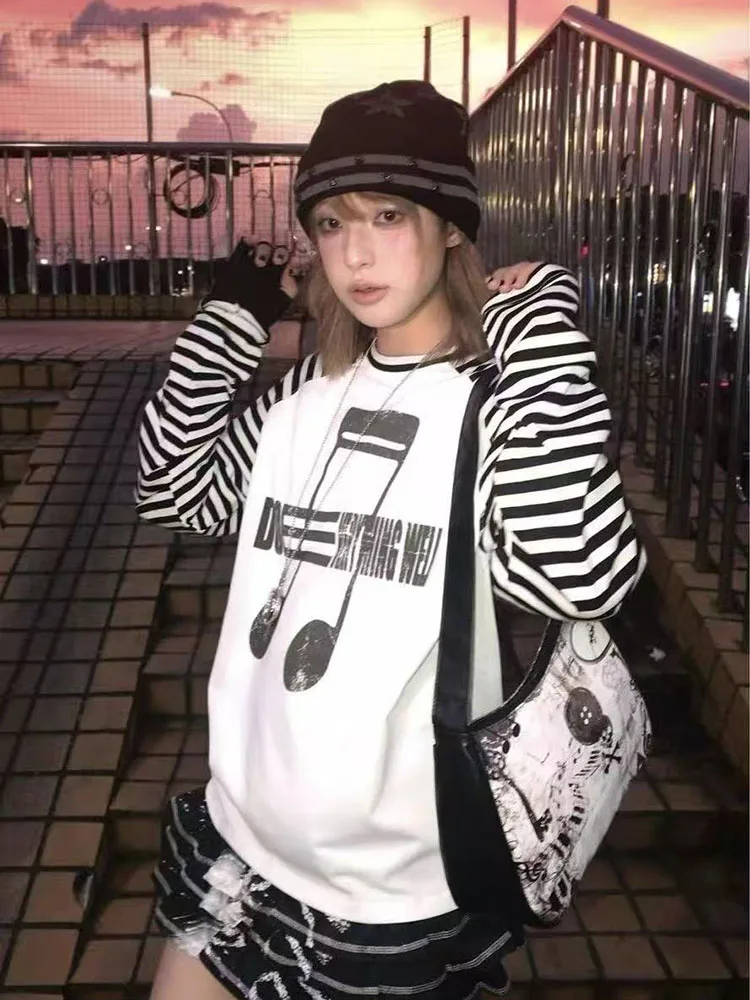 Japanese Striped Patchwork T Shirt Women Y2K Loose Musical Notes Print Long Sleeve Tops American Grunge Egirl Splicing Tees