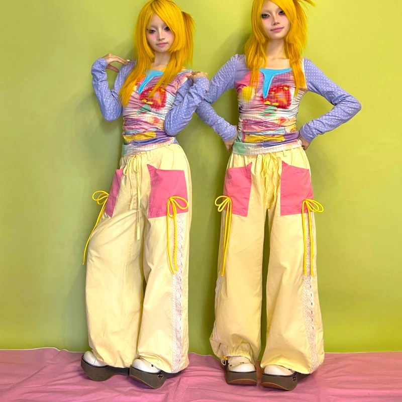 Original Design Sweet Yellow Lace Splicing Bowknot Women's Trousers Summer New Loose Slimming Versatile Wide-Leg Pants Ladies