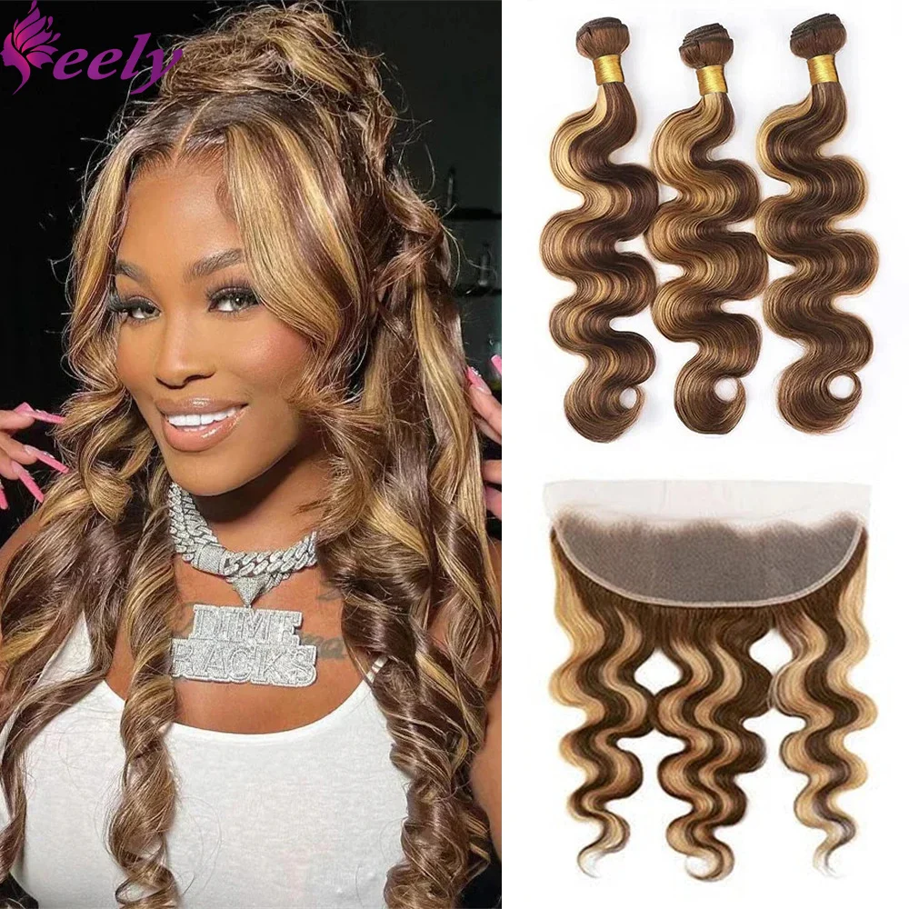 Onda do corpo pacotes de cabelo com fechamentos extensões frontal 13x4 hd laço cabelo brasileiro mel loira 3 pacotes cabelo humano tissage