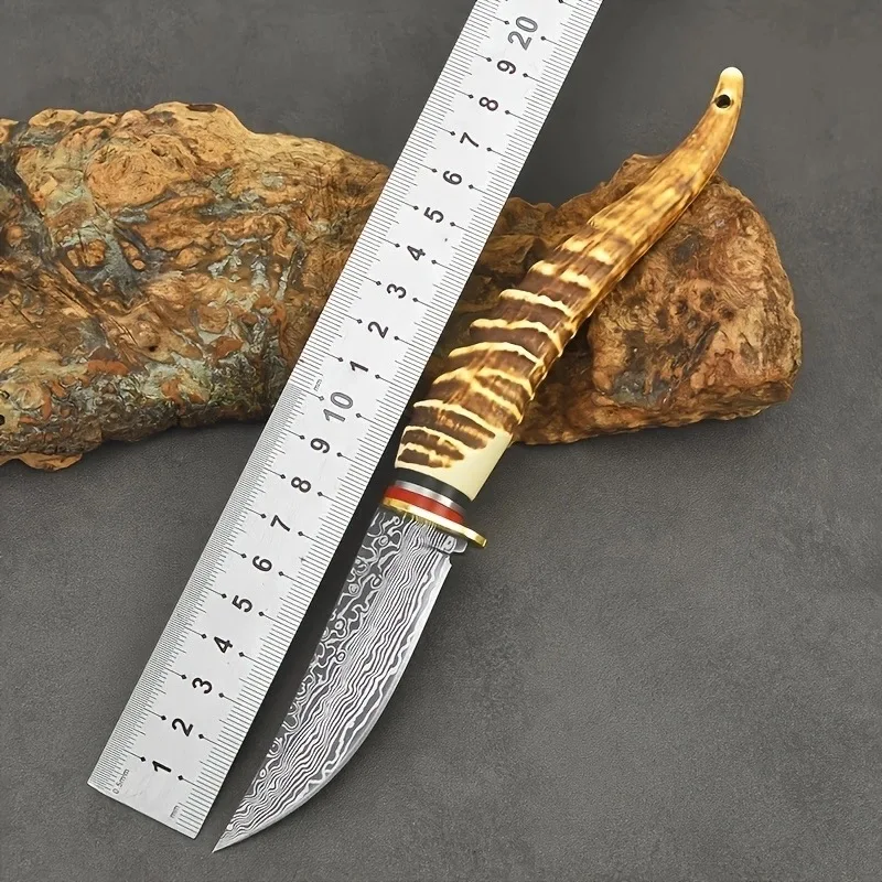 

New Outdoor Knife Damascus Pattern Imitation Corner Handle Sharp Small Knife Portable Hunter Knife(with leather case)