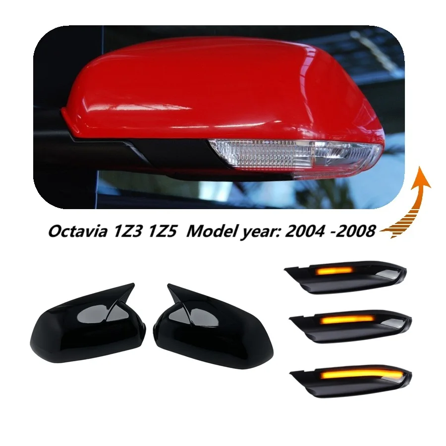 for Octavia 1Z3 1Z5 2004 - 2008 Upgrade Set Horn Stylish Black Rearview Side Wing Mirror Cover Cap Dynamic LED Blinker