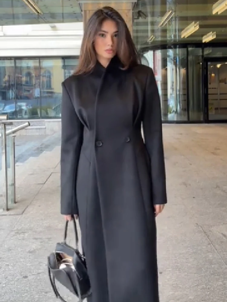 Damen-Maxi-Mantel aus Wollmischung, Sanduhr-Schnitt, Stehkragen, tailliert, schmal geschnitten, warm, elegant, lässig, Streetwear, Damen-Oberbekleidung – Detail 7