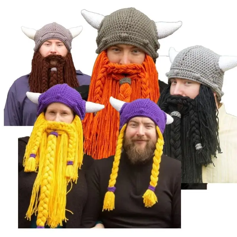 Neutral Viking Hat With Beard, Long Beard, Braided Hat, Christmas Handmade Woolen Horn Hat, Winter Warm And Fun Party Dress Hat