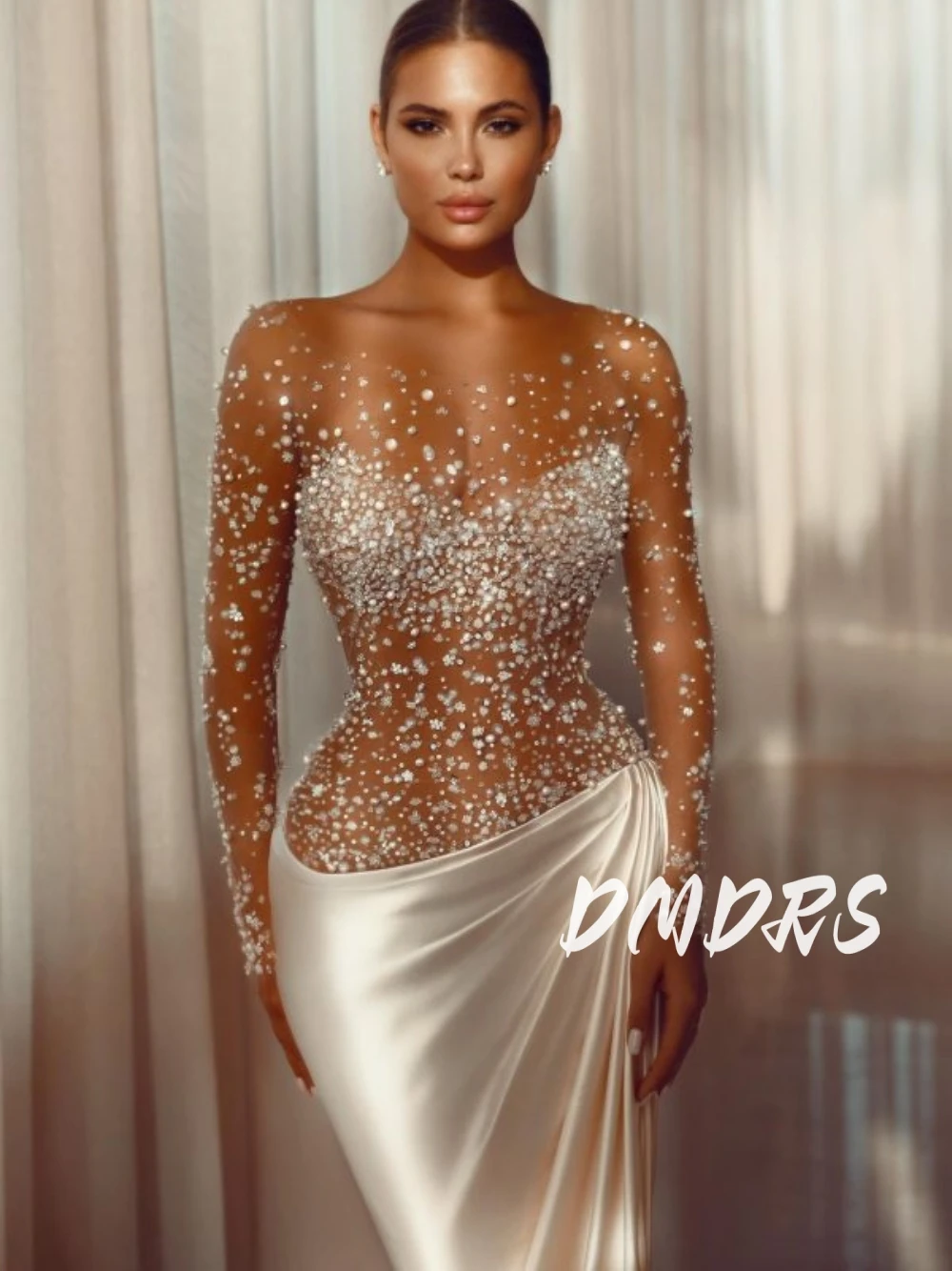 Suknia ślubna z iluzorycznym dekoltem, zdobiona koralikami, modna, zwiewna satyna, krój syreny, szyta na miarę, piękna suknia na przyjęcie weselne, odzież damska.