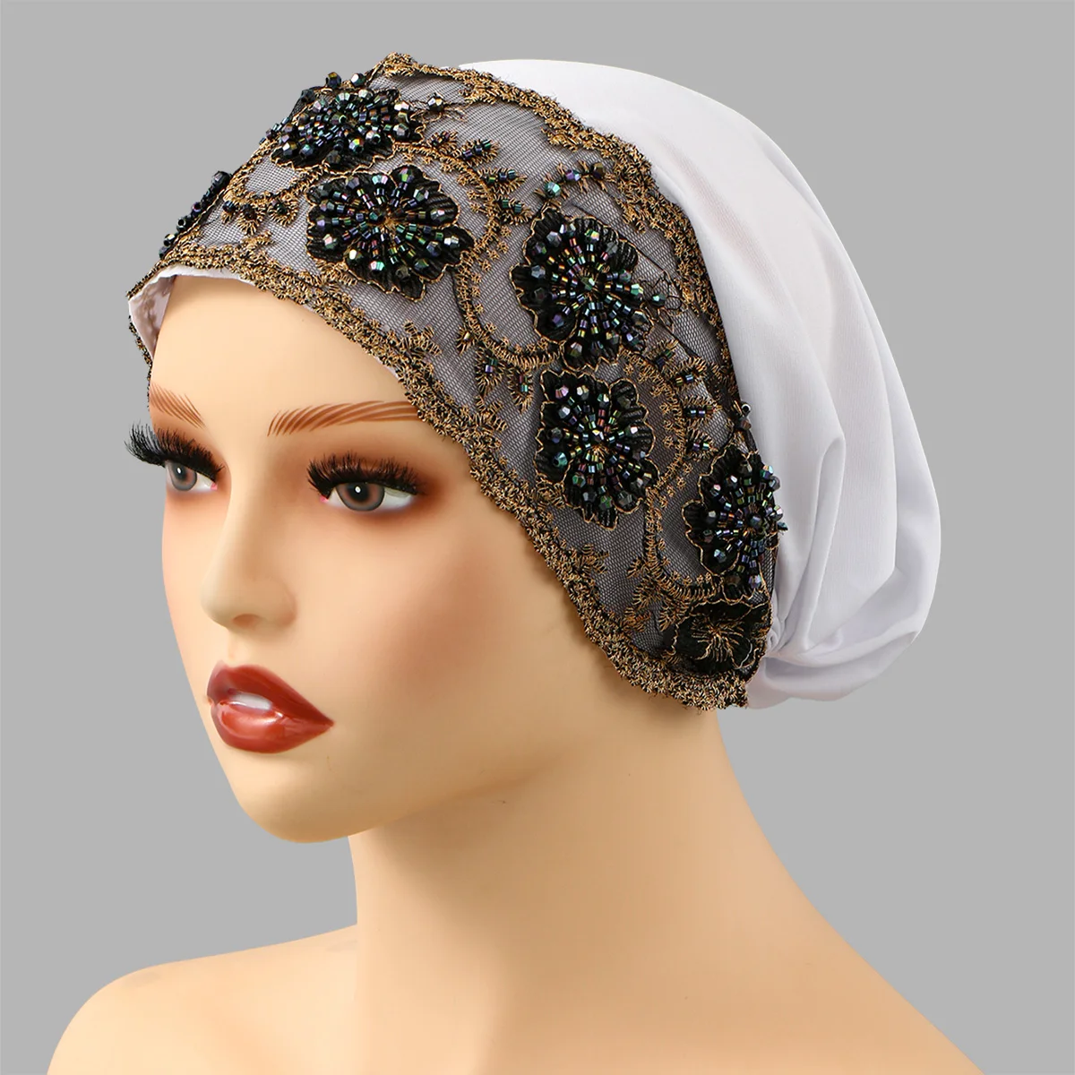 

Luxury Embroidery Lace Turban Cap Muslim Women Floral Rhinestone Modal Head Cover Hat Islamic Headwear Bonnet Female Head Wraps