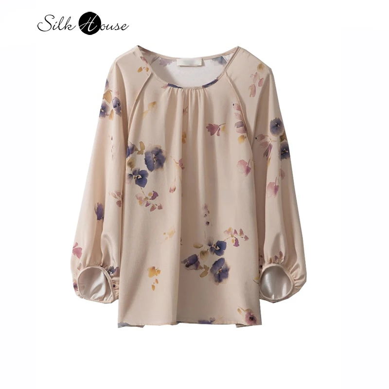 2024 Women's Fashion Early Autumn New Elegant Chinese Style 100% Natural Mulberry Silk Round Neck Lantern Long Sleeve T-shirt