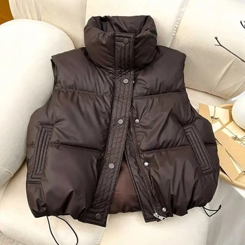 Winter Down Cotton Vest Jacket Women's 2025 New Sleevele Stand Parkas Warm Short Vest Coat Female Waistcoat Overcoat Ladies Tops 4
